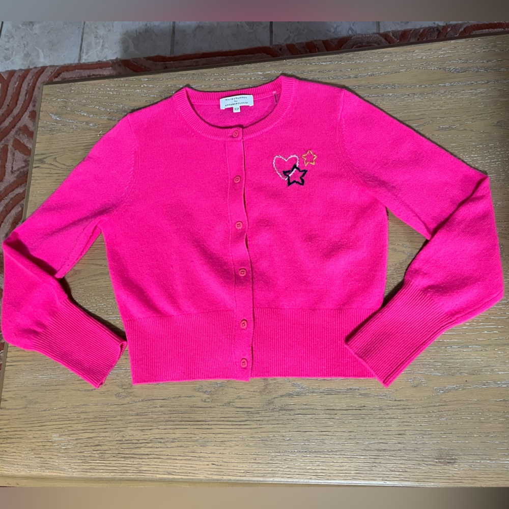 White + Warren for Anthropologie neon hot pink cardigan sweater stars heart XSP